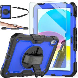Ambison Case for iPad (A16) 11th/10th Generation 11''/10.9'' 2025/2022, [Kid Proof] Full Body Protective Case with 9H Tempered Glass Screen Protector, 360 Rotatable Kickstand & Hand Strap (Blue)
