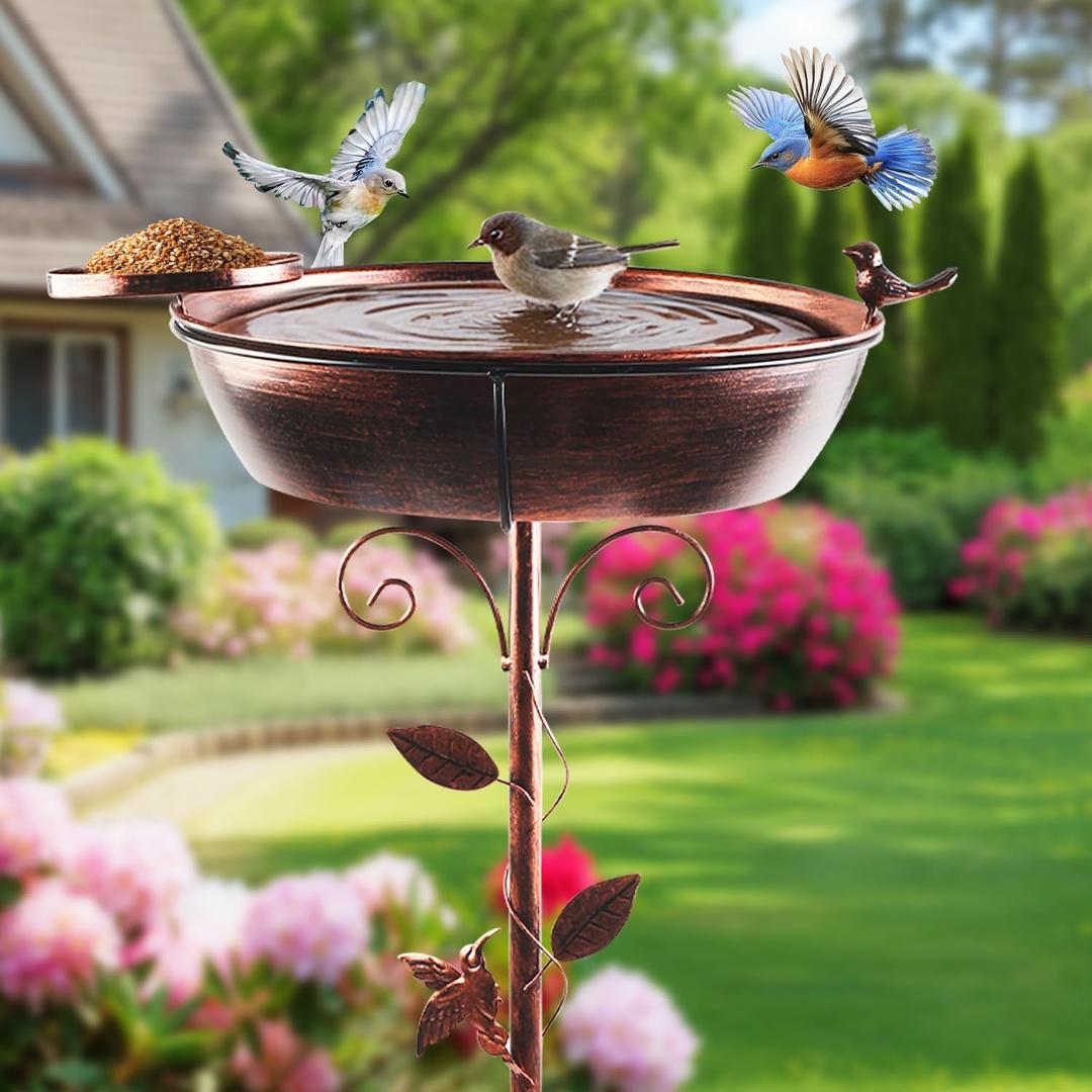 3" Deep 40" Tall Metal Bird Bath for Outdoors, 13" Dia 2-in-1 Removable Bird Baths Feeder Water Bowl, Vintage Standing Birdbaths with Stable Stake for Garden Yard Lawn Decor 1.5 Gallon
