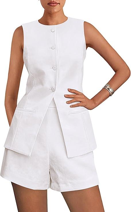 PRETTYGARDEN Women's 2 Piece Sets 2026 Summer Trendy Button Down Suit Vest Tops High Waisted Shorts Business Casual Outfits (White,Medium)