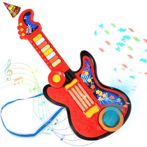 Kid Guitar, 4 in 1 Toddlers Guitar and Piano Guitars for Kids 3-5 with Strap Guitars for Toddlers 2-4 with Lullaby Projector Drum Toy Birthday Gift for 2 3 4 5 Year Old Boy Girl Gift