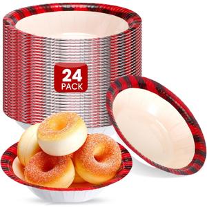 Jinei 24 Pcs Christmas Paper Bowls Bulk 7 Inch 16 oz Red and Black Buffalo Plaid Checkered Bowls Disposable Snack Dessert Salad Soup Serving Cups for Winter Holiday Xmas Party Favor Supplies