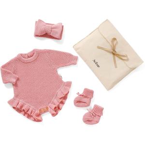 Avibae Cotton Newborns Set with Knit Sweater, Hair Band, Booties for Baby Girls, Warm Cute Infant 3 Piece Set (Pink, 0-1M)