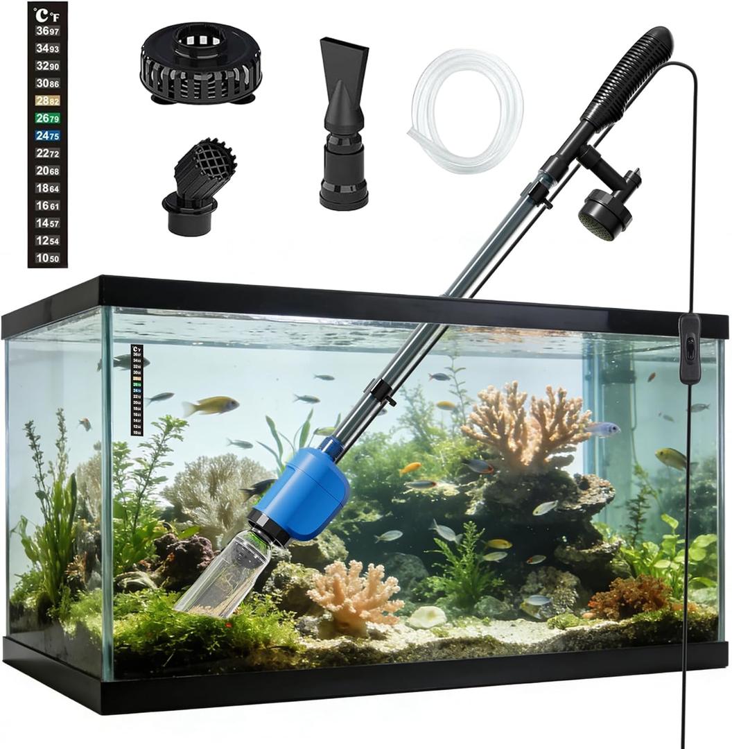 6-in-1 Electric Aquarium Gravel Cleaner  530GPH Powerful Fish Tank Vacuum with Water Changer, Sand Washer & Debris Remover, Quiet 32W Pump with Telescopic Pole for Freshwater (Blue)