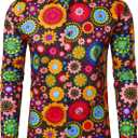 JOGAL Mens 70s Floral Dress Shirt Long Sleeve Printed Casual Button Down Shirts (Medium, Black White)