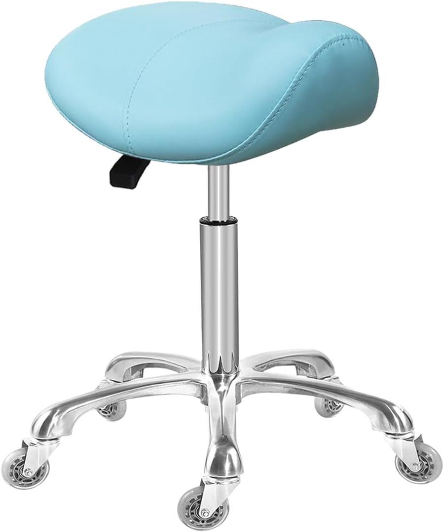 Saddle Stool Rolling Ergonomic Swivel Chair for Esthetician Massage Clinic Kitchen Tattoo Salon Cutting,Adjustable Hydraulic Posture Stool with Wheels (Without Backrest, Cyan)