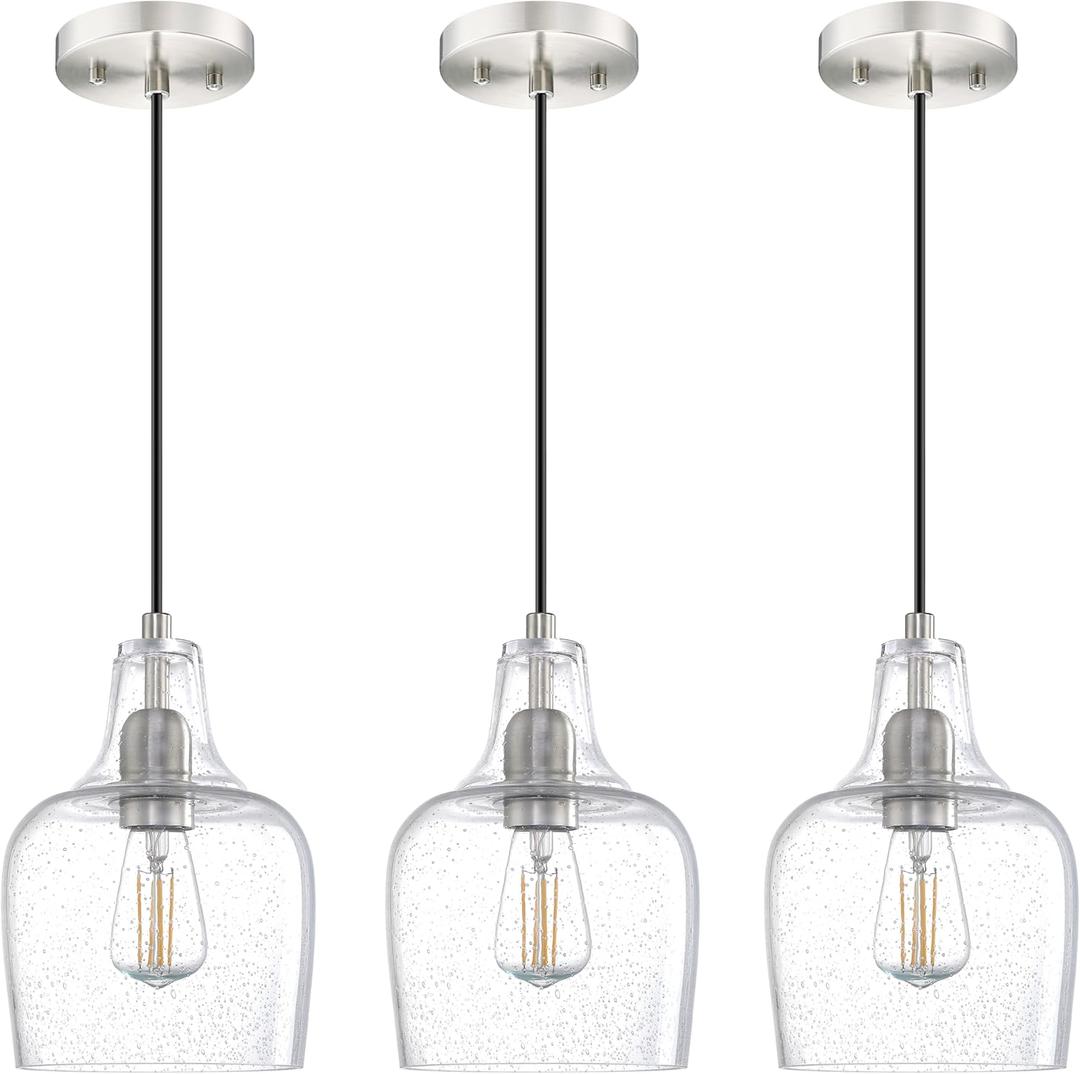 3 Pack 1 Light Hanging Indoor Kitchen Island Pendant Ceiling Light Fixture,6.1" Clear Seeded Glass Brushed Nickel Finish Modern Farmhouse Dinning Over Sink