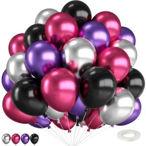 Pink and Purple Balloons,12 Inch Metallic Pink Purple Black and Silver Balloons with Ribbon, for Wedding Birthday Baby Shower Graduation Engagement Halloween Party Decorations