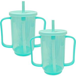 2 Pack Adult Sippy Cups for Elderly 12oz No Spill Cup for Adults Dysphagia Cups with 2 Handles Straw for Disabled Patients Limited Mobility (Green)