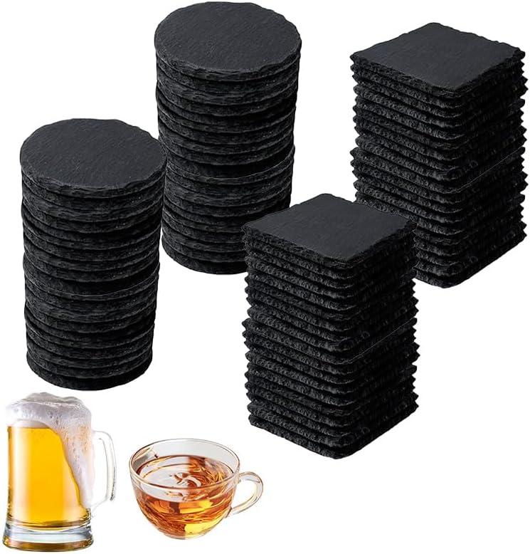 36pcs Black Slate Coasters Bulk Set 18 Round & 18 Square 4Inch Stone Coasters for Laser Engraving, DIY, Home, Bar, Wedding & Party Decor