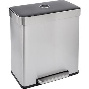 Amazon Basics Dual Compartment Recycling Trash Can with Soft-Close Lid, Fingerprint Resistant, Removable Liner Buckets, 60 Liters, Rectangular, Grey, Silver