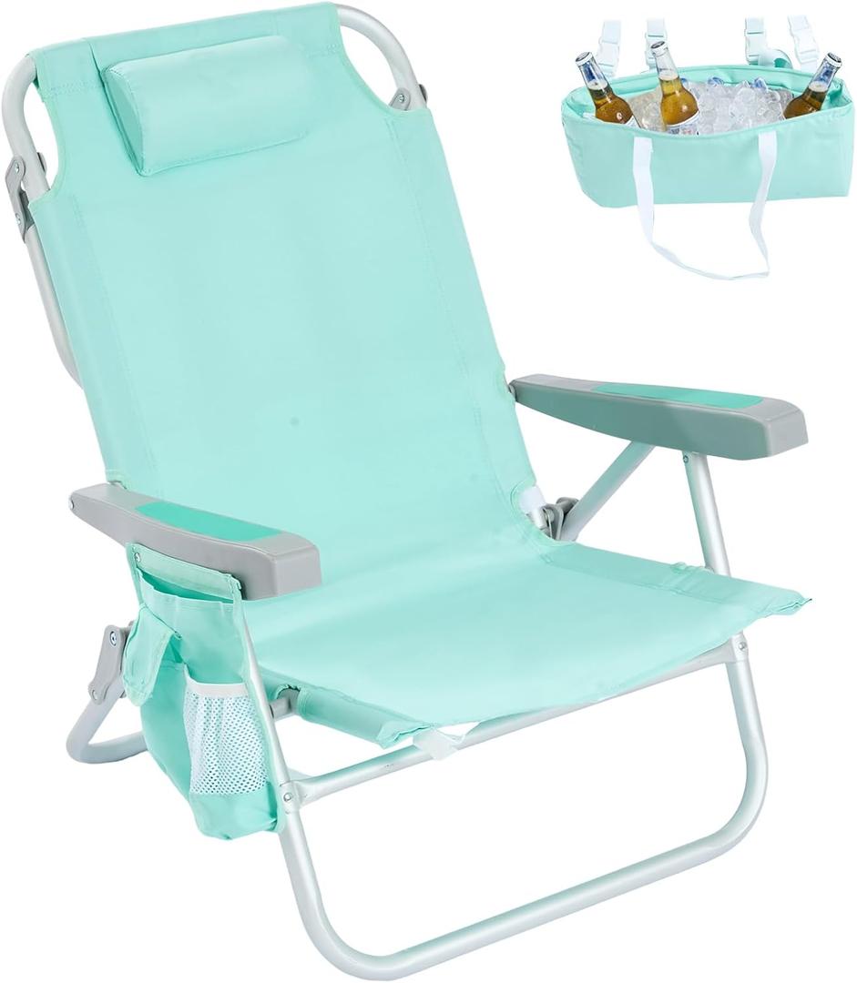 SUNNYFEEL Low Beach Chair, 5-Position Lay Flat Reclining, Backpack Portable Folding Chair with Cooler Bag & Cup Holder, Heavy Duty 350 LBS, Compact for Beach, Camping, Travel, Teal 