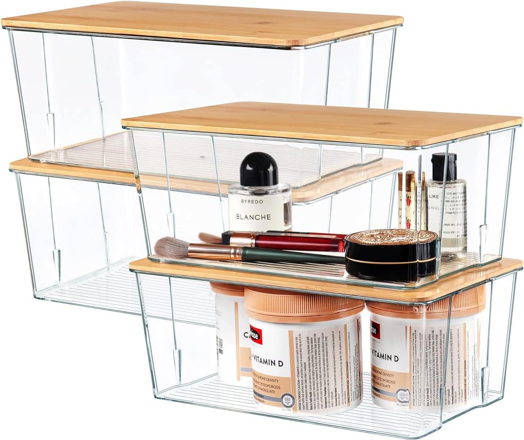Hudgan 4 Pack Clear Plastic Storage Bins with Bamboo Lids, Stackable Storage Containers for Organizing Medicine Cabinet Organizer, Craft Room, Bread Box (Nature)