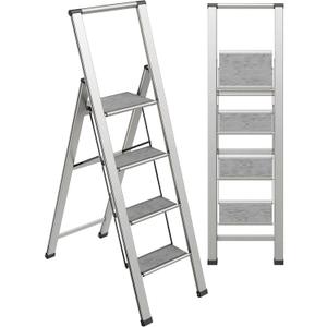 Step Ladder 4 Step Folding, Decorative - Beautiful Gray Wood & Silver Aluminum, Ultra Slim Profile, Anti Slip Steps, Sturdy-Portable for Home, Office, Kitchen, Photography Use,by SORFEY