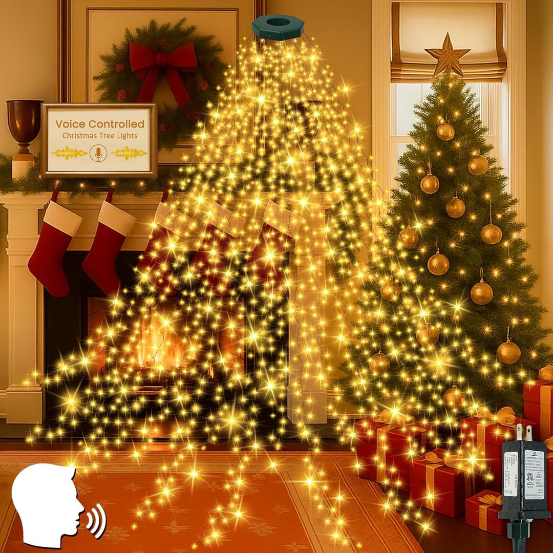 Voice Controlled Easy Christmas Tree Lights, 592LED Cascading Twinkle Lights 9.8FT 16 Lines Waterproof Waterfall Tree Light with 12 Modes for 8ft-10ft Christmas Tree Indoor Outdoor Decor (Warm White)