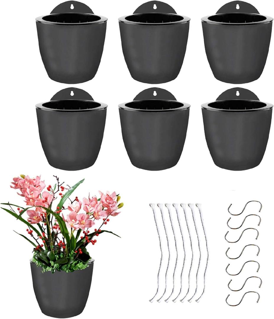 7Pack Self-Watering Plant Flower Pot Wall Hanging Plastic Planters Size 7 inch with 7 Hooks Replacement for Plants Flowers Indoor Outdoors