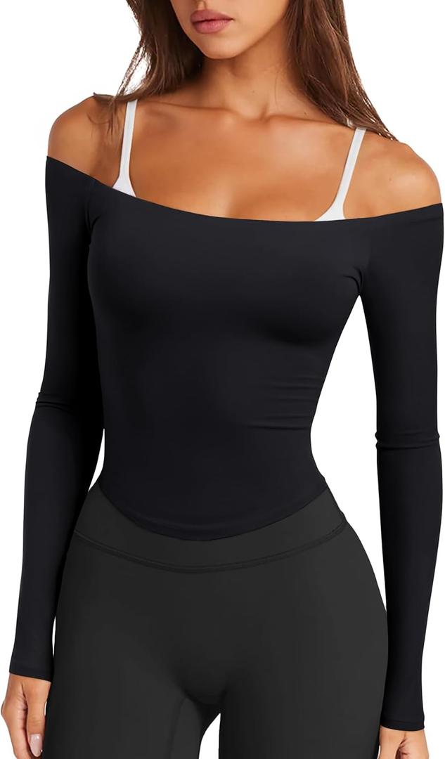 LASLULU Womens Sexy Off The Shoulder Long Sleeve Workout Tops Strapless T Shirts Crop Top Casual Fall Outfits (Small, Black)
