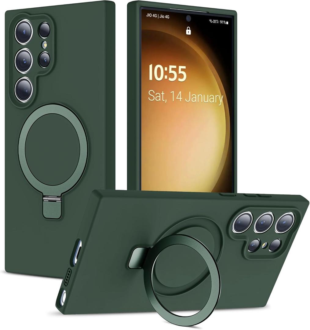 for Samsung Galaxy S23 Ultra Case with Magnetic Invisible Stand [Compatible with MagSafe] Military Drop Tested [Full Camera Protection] Silicone S23 Ultra Case for Women Men 6.8'', Green