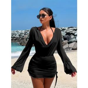 Women's Halter Triangle Bikini Set with Drawstring Cover Up, 3 Piece Bathing Suit for Vacation (Large, Black)