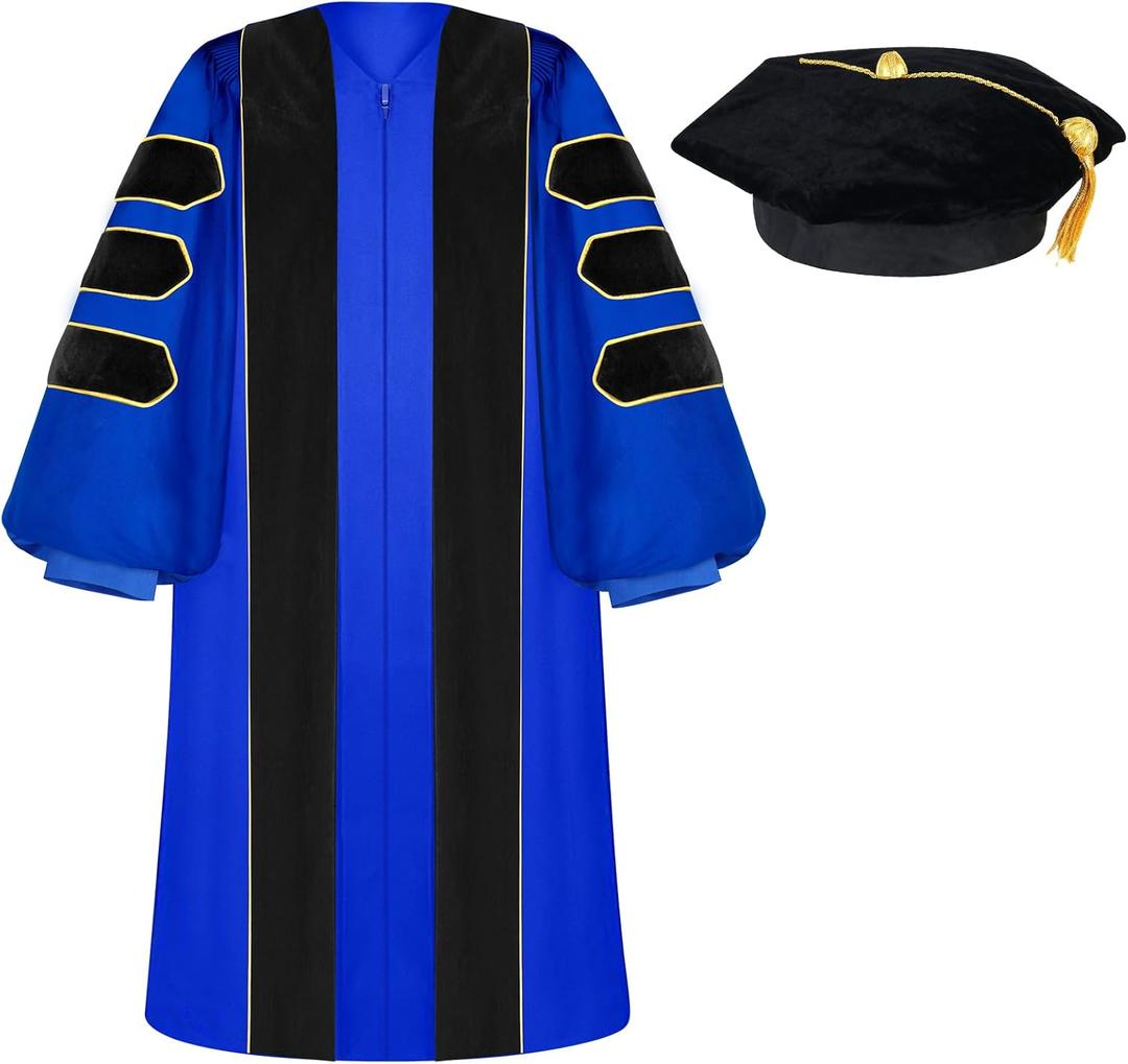 Unisex Doctoral Graduation Gown with Gold Piping | Academic doctoral Cap and Gown for Graduation Ceremony (Blue) Size 51