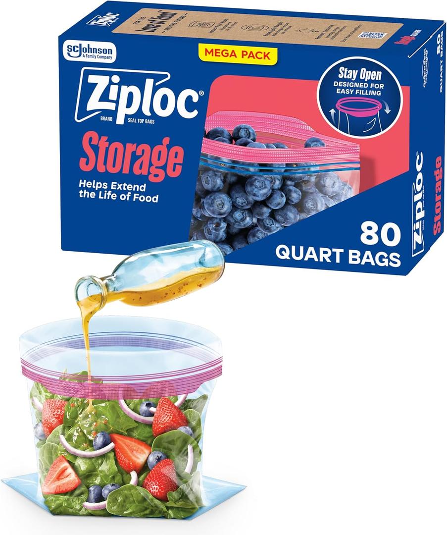 Ziploc Quart Food Storage Bags, Stay Open Design with Stand-Up Bottom, Easy to Fill, 80 Count