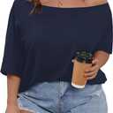 RoseSeek Women's Plus Size Off Shoulder Tops Short Sleeve Ruched T Shirt Casual Summer Tees Deep Blue 3XLarge Plus
