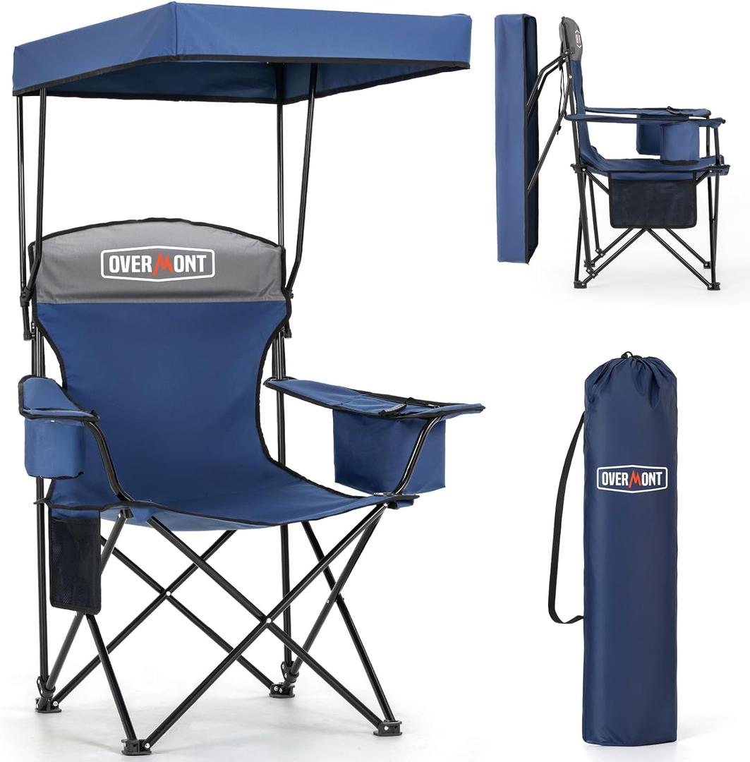Overmont Beach Chair with Canopy Shade and Cooler - Support 330lbs Oversized Folding Camping Chair with Umbrella- Cup Holder - Cool Bag - Lounge Chair for Sand Travel Outdoor Pool Sports Blue, 1pc