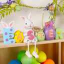 Lulu Home Easter Tabletop Ornament, 8.3" L x 5.9" H x 2" W Resin Bunny Shelf Sitter with Dangling Legs, Adorable Happy Easter Rabbit Statue with Easter Eggs for Spring Indoor Decorations