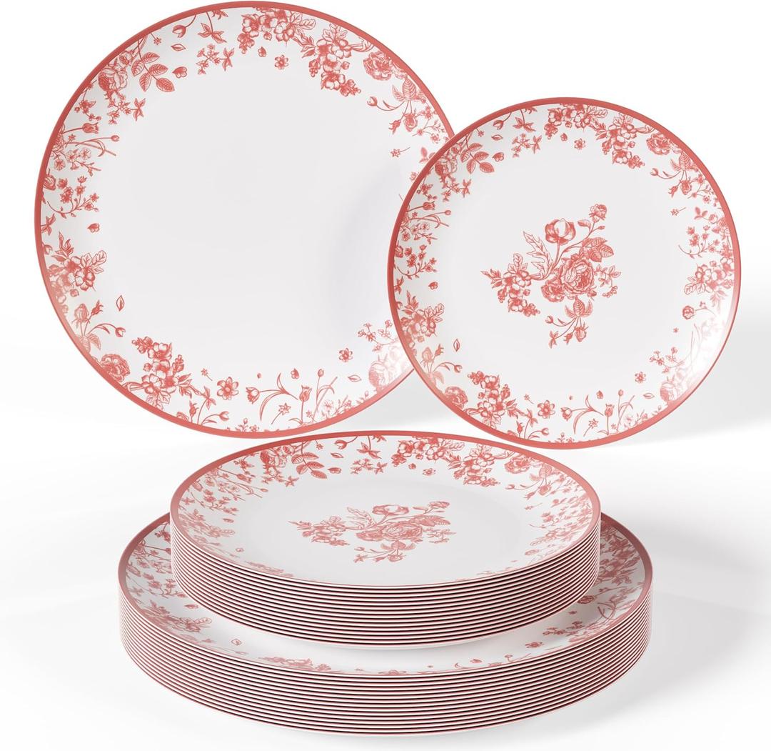 Trendables Disposable Plates For Party Supplies | Pink Floral Plastic Plates For Wedding 40 Pcs - 20 X 8 & 20 X 10 Dinner Plate Sets | Floral Plate Set Disposable Plastic Dinnerware Sets