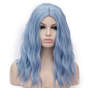 BUFASHION 18" Long Wavy Curly Light Blue Synthetic Wig for Women Girls Cosplay Wig Halloween Costume Wig with Wig Cap (Light Blue)