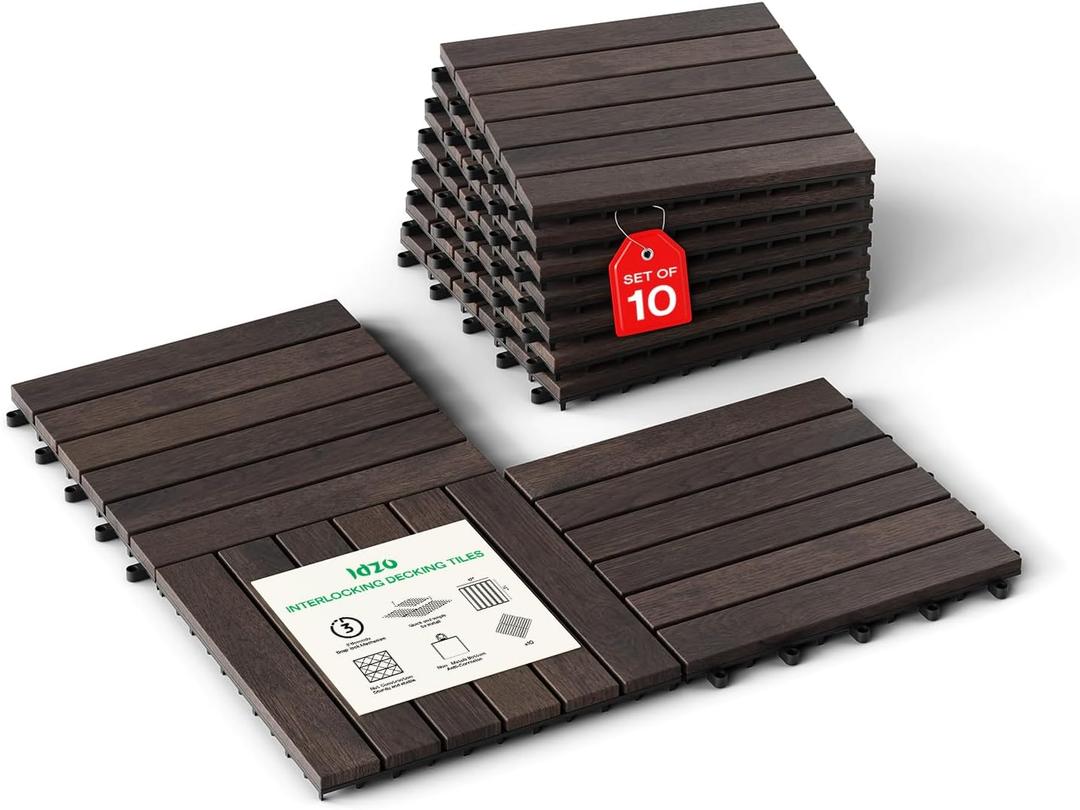Idzo Interlocking Deck Tiles - 10PCS Waterproof Acacia Wood Patio Tiles, Flooring Tiles for Both Indoor and Outdoor - Decking Stripe Pattern, Dark Brown, 12 x 12 x 0.9 inches