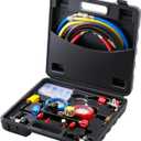 VEVOR 4 Way AC Gauge - AC Manifold Gauge Set for R134A R22 R12 R410A Refrigerant, Freon Gauges with 5ft Hoses, Couplers, Can Tap Works on Car Auto Freon Charging and Evacuation
