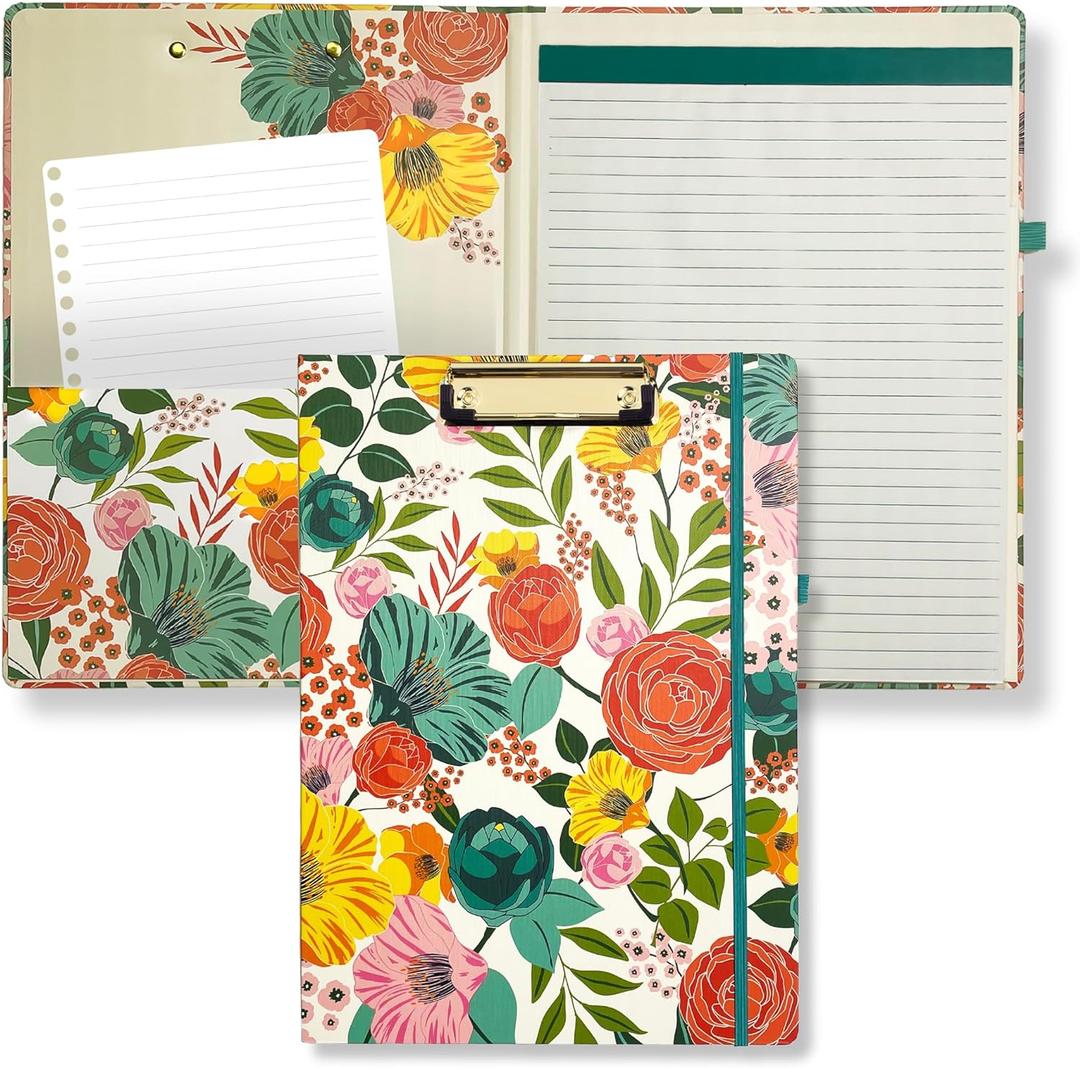 Steel Mill & Co Cute Clipboard Folio with Refillable Lined Notepad and Interior Storage Pocket, Floral Padfolio for Work, Garden Blooms Cream