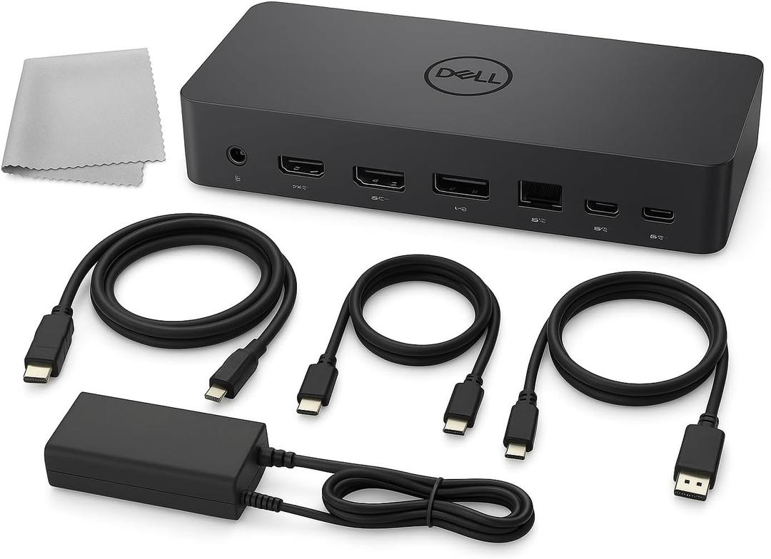 Dell UD22 Universal Docking Station USB-C/USB-A  Supports Dual/Triple & 4 Monitors + HDMI Cable, DisplayPort Cable + USB-C Cable + Original Dell 180 W Power Adapter & Cleaning Cloth  Black