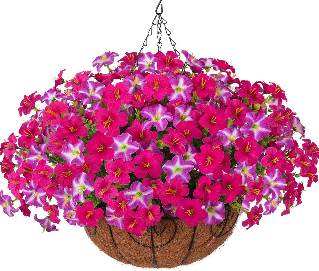 INSPRING Artificial Hanging Flowers for Outdoors Baskets Fake Plants Outdoor Decoration, UV Resistant Faux Silk Morning Glory in Planter Look Real for Outside Patio Porch Balcony Garden Home Decor (Mix Fuchsia)