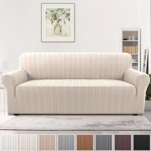 H.VERSAILTEX High Stretch Sofa Slipcover 1-Piece Couch Cover Non Slip Sofa Cover with Elastic Bottom Thick Soft Sofa Covers Washable Polyester Spandex Jacquard Fabric Stripe Design(Sofa, Natural)