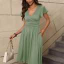 Women's Spring Casual Ruffle Short Sleeve Wrap V-Neck A-Line Loose Fit Swing Party Work Midi Dress with Pockets (Green, XXXL)