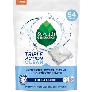 Seventh Generation Triple Action Clean Automatic Dishwasher Detergent Packs with Bio-Enzyme Power, Free & Clear, Fights 48-hour Stuck-on Food, 54 count