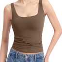 PUMIEY Women's Square Neck Tank Top Sleeveless Double Lined Basic Tops Sharp Collection (Mocha) Small