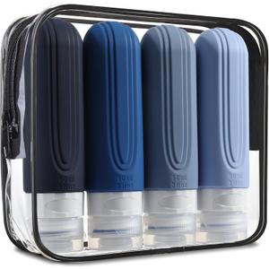Travel Bottles for Toiletries, Tsa Approved 3oz Travel Size Containers BPA Free Leak Proof Refillable Liquid Silicone Squeezable Travel Accessories for Shampoo Conditioner Lotion (4 Pack) (Blue)