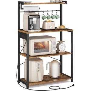 VASAGLE Kitchen Bakers Rack with Power Outlet, Coffee Bar 4-Tier with 8 S Hooks, Microwave Stand, Adjustable Shelf, 15.7 x 31.5 x 55.1 Inches, Rustic Brown and Ink Black UKKS029KD01