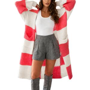 Yeokou Women Checkered Cardigan Sweater Color Block Open Front Long Plaid Chunky Knit Fall Outerwear with Pockets (Medium)