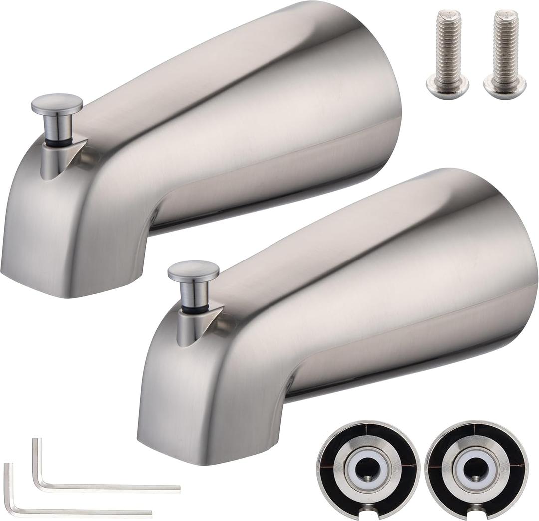 Bathroom Tub Spout Plastic Non-Metallic Fits 4 Inch Reach Wall Front Mount, Slip-on Tub Spout with 1/2'' Copper Water Tube with Hex Wrench, Brushed Nickel (2 Pack)