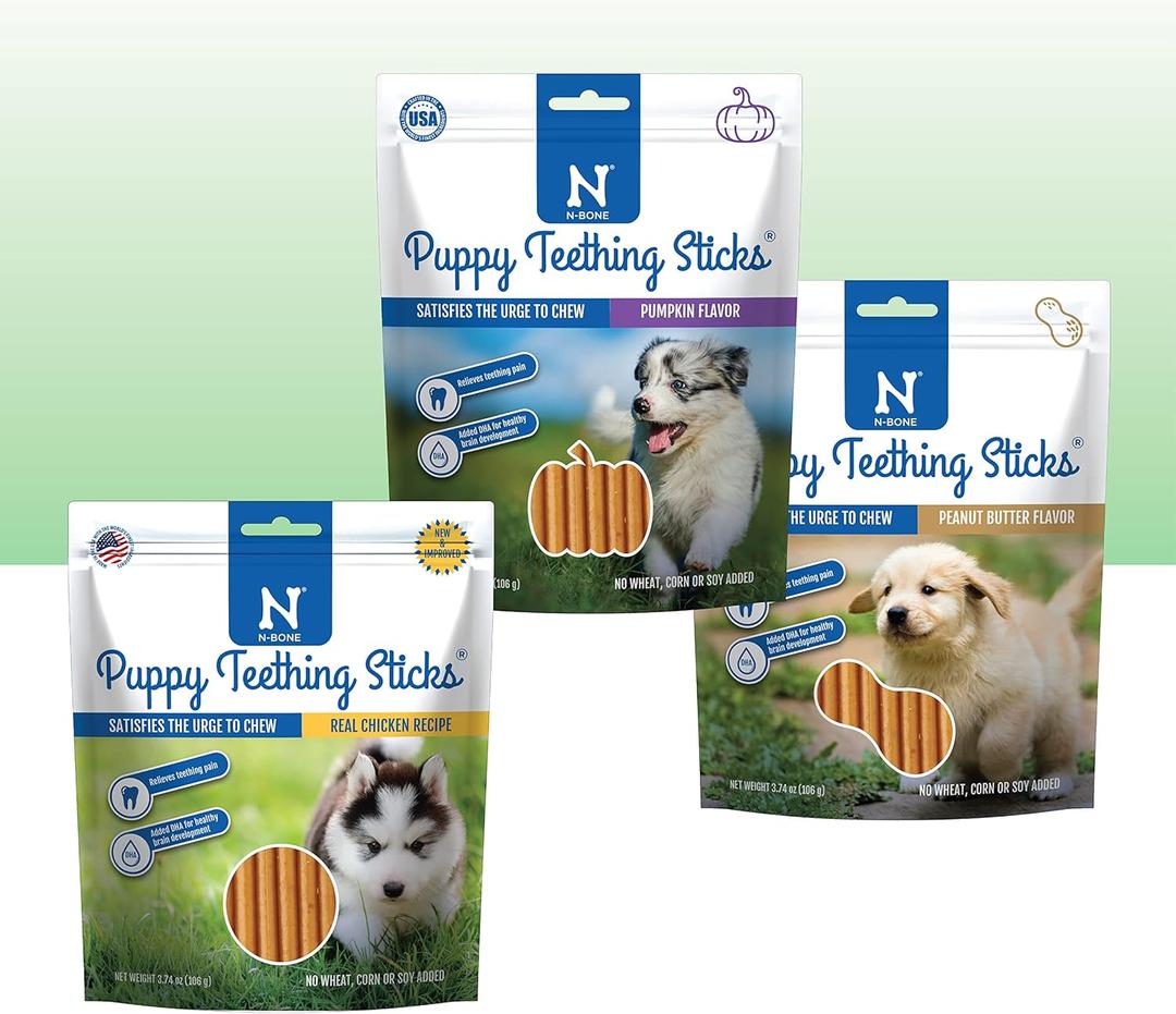 N-Bone Puppy Teething Sticks Variety Pack, Chicken & Pumpkin & Peanut Butter Flavor, Total 3 Bags, 11.22-oz (EXP 11/18/27)