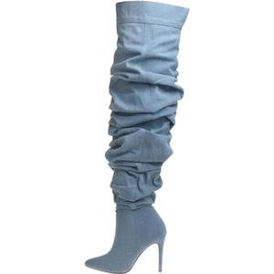 THESHY Women's Slouchy Over The Knee Boots Denim Pointed Toe Stiletto Heel Thigh High Boots Pleated Tall Fashion Sexy Bootie (9.5, Blue)