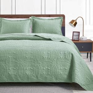 Love's cabin Quilts for Queen Bed Sage Bedspreads - Soft Bed Summer Quilt Lightweight Microfiber Bedspread- Modern Style Coin Pattern Coverlet for All Season - 3 Piece (1 Quilt, 2 Pillow Shams) (Full/Queen (90"x96"), Coin Pattern Sage)