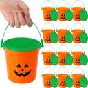 CHENGU 12 Pack Halloween Pumpkin Trick or Treat Bucket with Handle Lid 4.7x 4.7 Inches Plastic Orange Candy Pumpkin Treat Pails Portable Jack-O-Lantern for Halloween Party Supply Activity Decoration