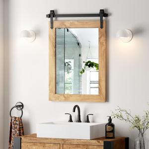 Farmhouse Barn Door Mirror 22x32 Rustic Decorative Vanity Mirrors Wall Decor Mirror for Bathroom Living Room Entryway (Brown)