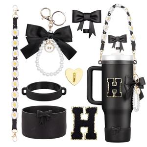 Rabrgab 7Pcs Black Stanley Cup Accessories for 40Oz 30Oz 20Oz, Women Teen Girls Gifts, Stanley Tumbler Cup Decoration with Straw Topper, Bow Charm, Silicone Boot, Handle Strap, Letter Sticker H