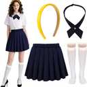 Mepase 4 Pcs Halloween School Girls Costume Set Yellow Headband Cross Bow Ties Pleated Skirt and Calf Socks for Adult Women Halloween Cosplay Outfit Dress up Party Favor