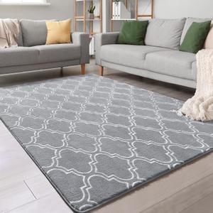 Chicrug Shag Geometric Modern Area Rug for Bedroom, 5x7 Feet Memory Foam Indoor Carpet, Fluffy Rug for Living Room Bedside Room Decor for Family Girls Kids Nursery Play Mat, Grey/White